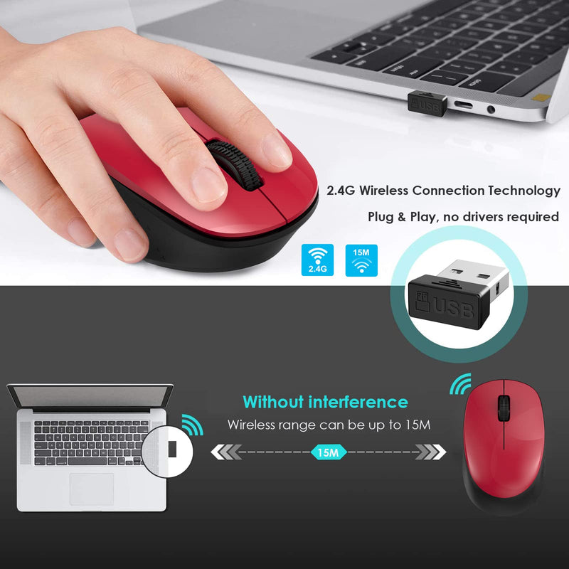 LeadsaiL Wireless Mouse for Laptop 2.4G Silent Cordless USB Mouse Slim Wireless Optical Computer Mouse, 3 Buttons, AA Battery Used,1600 DPI for Windows 10/8/7/Mac/Macbook Pro/Air/HP/Dell/Lenovo/Acer Black&Red