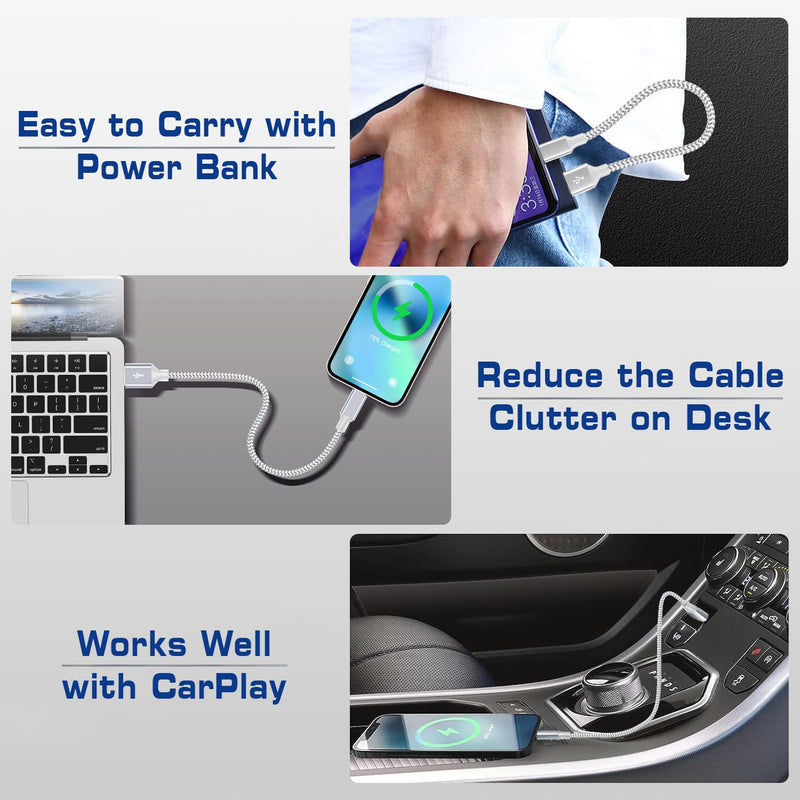 [AUSTRALIA] - [Apple MFi Certified] Short iPhone Charger 1ft 2Pack,USB A to Lightning Cord Nylon Braided 12 Inch Fast Charging iPhone Cable Compatible with iPhone 14 13 12 11 Pro/Max/Mini Xs SE2/iPad for Car 2Pack-1FT silver 