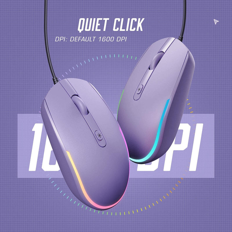 seenda Wired Mouse - USB Computer Mouse Wired with RGB Backlit Optical LED Mouse with Attached USB Cord for Laptops Notebooks Chromebook - Purple