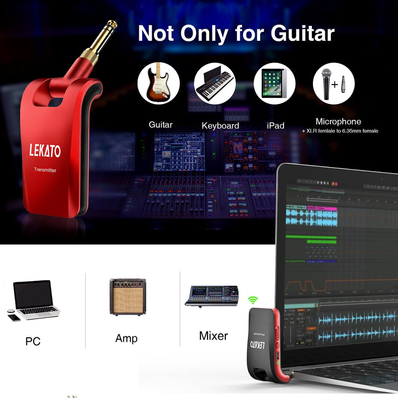 LEKATO 2.4GHz Wireless Guitar System - 6 Channels Rechargeable Wireless Transmitter & Receiver for Guitar & Bass, Stereo & Mono 1/4' & 1/8' 2 in 1 Plugs (Black & Red)