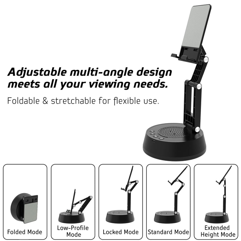 Cell Phone Stand with Wireless Bluetooth Speaker,Adjustable Height and Angle Phone Stand for Desk, HD Stereo Sound & Anti-Slip Base Phone Holder Speaker Compatible with iPhone,Gifts for Men Women Black