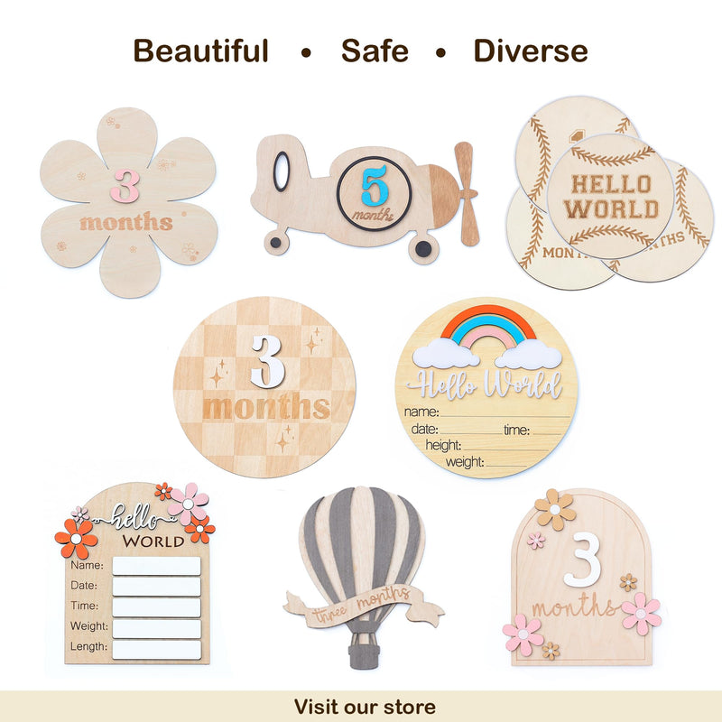 Baby Monthly Milestone Cards - Wooden Monthly Milestone Discs - Newborn Photography Props to Document Your Baby´s Growth - Baby Announcement Sign (AA Flower) AA Flower