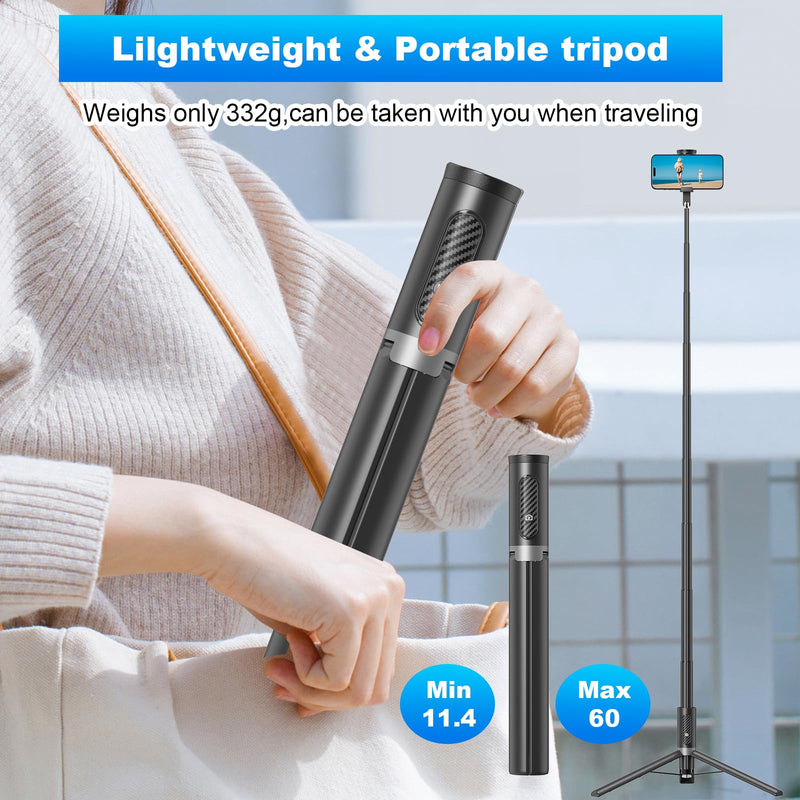 TONEOF Tripod, Cell Phone Selfie Stick, 60 Inch All-in-1 Stand with Integrated Wireless Remote, Lightweight and Portable, Extendable Tripod for 4-7 Inch iPhone and Android（Black Grey） Black Grey