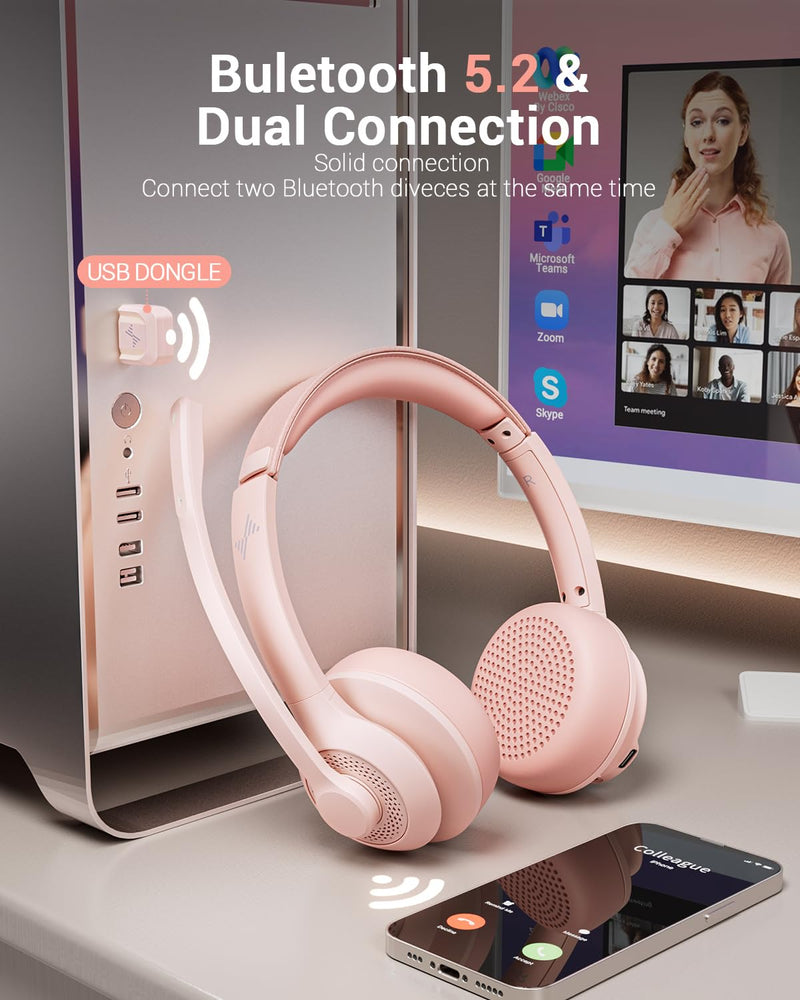 Wireless Headset with AI Noise Cancelling Microphone Bluetooth Headset - Bluetooth V5.2 Headphones with USB Dongle & Mic Mute for Computer/Laptop/PC/iPhone/Android/Cell Phones/Zoom/Ms Teams/Skype-PINK Pink