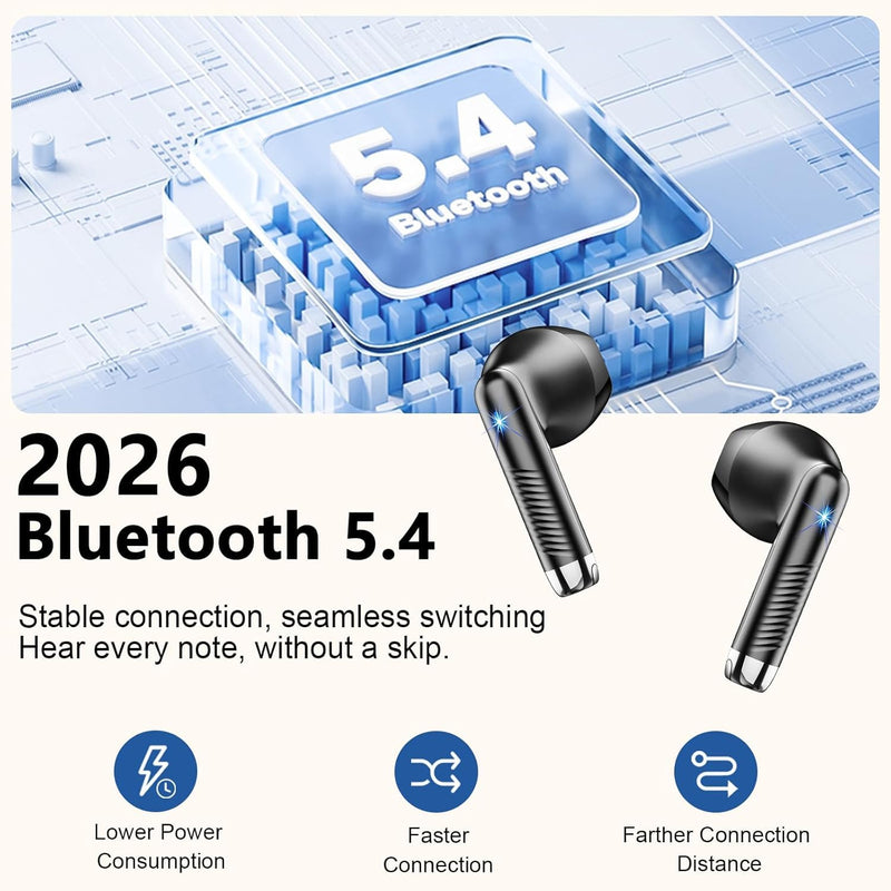 Wireless Earbuds, Bluetooth Headphones V5.4 Stereo Bass Ear Buds with ENC Noise Cancelling Mics,56H Bluetooth Earbuds with LED Display Charging Case, IP7 Waterproof Earphones for Android iOS【Mini】 A-Black