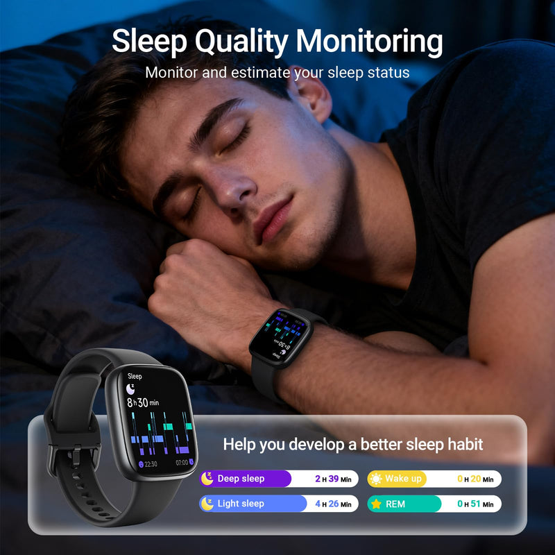 Fitpolo Smart Watch, 1.85" AMOLED Fitness Tracker with Bluetooth Call, Heart Rate/Sleep/SPO₂ Monitor, 100+ Sports Modes, 3ATM Waterproof Smartwatch for Android/iPhone/Samsung, Includes 2 Bands Black