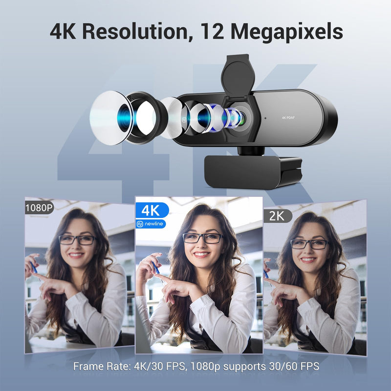 N newline 4K Webcam for PC with PDAF Autofocus, Privacy Cover, Dual Microphones, 4K@30FPS & 1080P@60FPS, Auto Light Correction, Plug & Play USB Camera for Laptop, Mac & Desktop, Streaming
