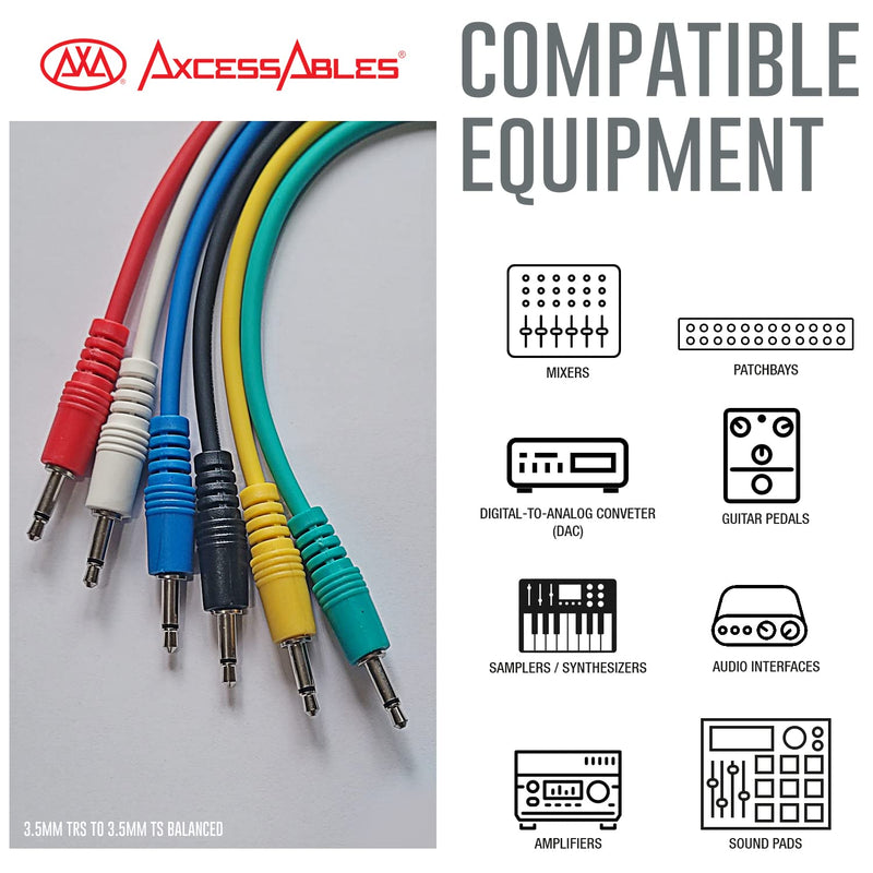 AxcessAbles 3.5mm TS Patch Cables | 1/8 Inch TS Aux Cable Pack (1ft, 6 Pack) | Eurorack Synthesizer Audio Cables | Multicolor Unbalanced Patch Cables 1ft