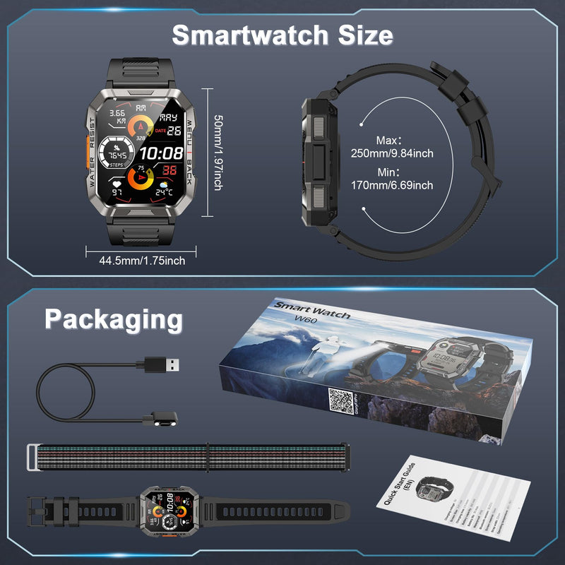 Military Smart Watch for Men(Answer/Make Call), Outdoor Sports Smartwatch with Flashlight/100 Days Battery/Compass/Heart Rate/SpO2/Sleep Monitor/2 Straps, Fitness Tracker for iPhone/Android Phones W60 Black