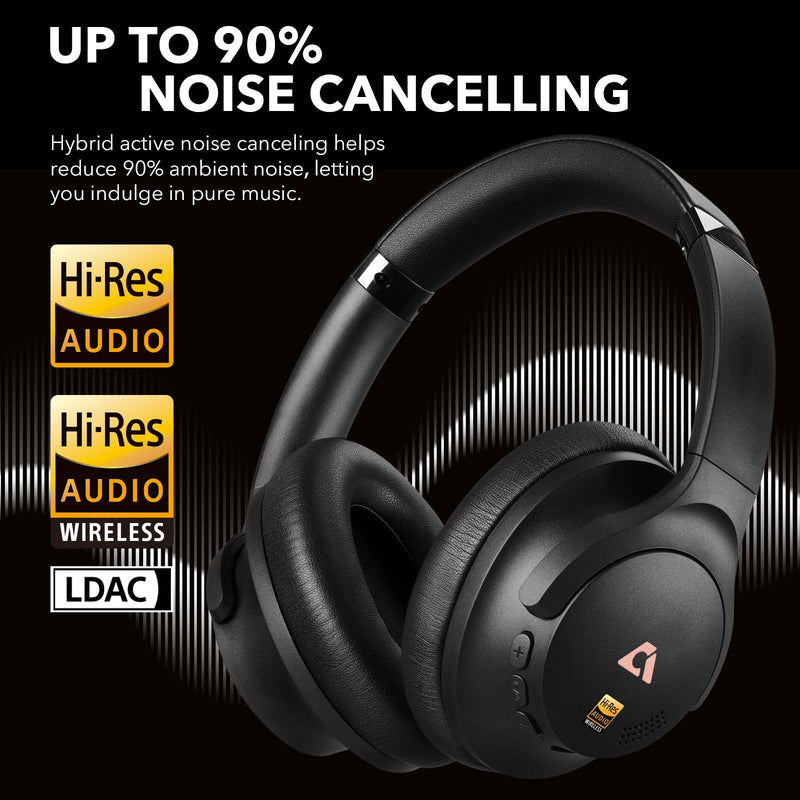 1Mii Y8+ Hybrid Active Noise Cancelling Headphones, 100H Playtime, Bluetooth 6.0 Over Ear LDAC Wireless Hi-Res Audio & Deep Bass, Comfortable for Travel Airplane Home Office, Custom EQ via App, Black