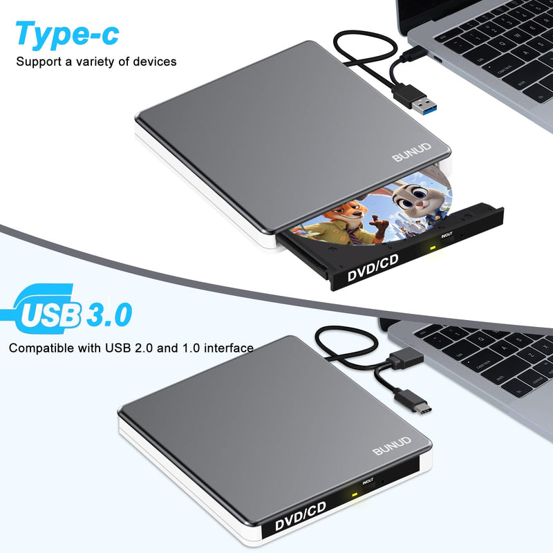 BUNUD External DVD Drive for Mac, Plug & Play with Reliable USB/SD/TF Ports | USB 3.0 & USB C DVD Player for Laptop PC, Portable CD Burner Reader SuperDrive for MacBook Windows, Aluminum Alloy, Grey