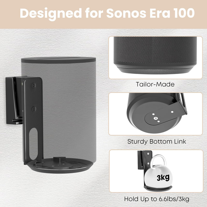 PUTORSEN Speaker Wall Mount for Sonos Era 100,Tilt & Swivel Speaker Shelf Bracket for Better Audio Enjoyment,Cable Management,Hold up to 6.6lbs (1 Pack Black)