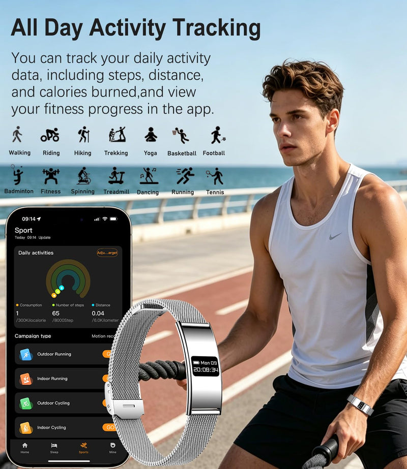 Smart Bracelet for Men & Women, Ultra-Thin Fitness Tracker | Heart Rate, Blood Oxygen & Sleep Monitoring, IPX8 Waterproof, Multiple Sports Modes, Compatible with Android and iOS Silver mesh tape