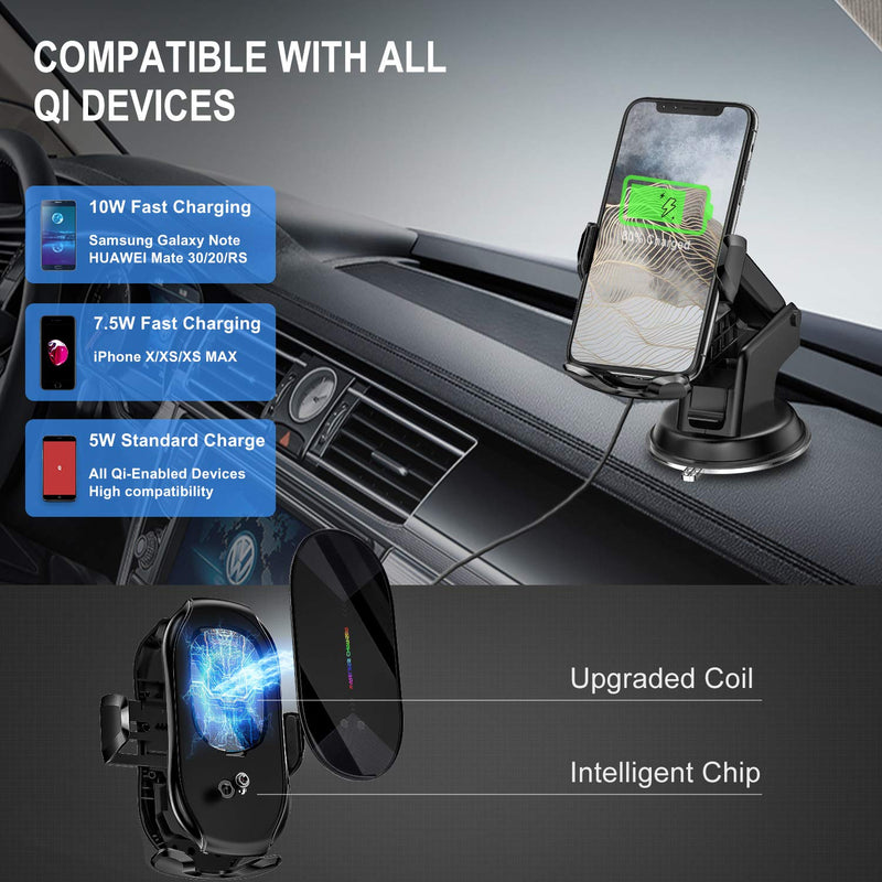 Wireless Car Charger,15W Qi Fast Charging Auto-Clamping Air Vent Windshield Dashboard Car Phone Mount,Long Arm Suction Cup Holder for iPhone Samsung LG Black-2