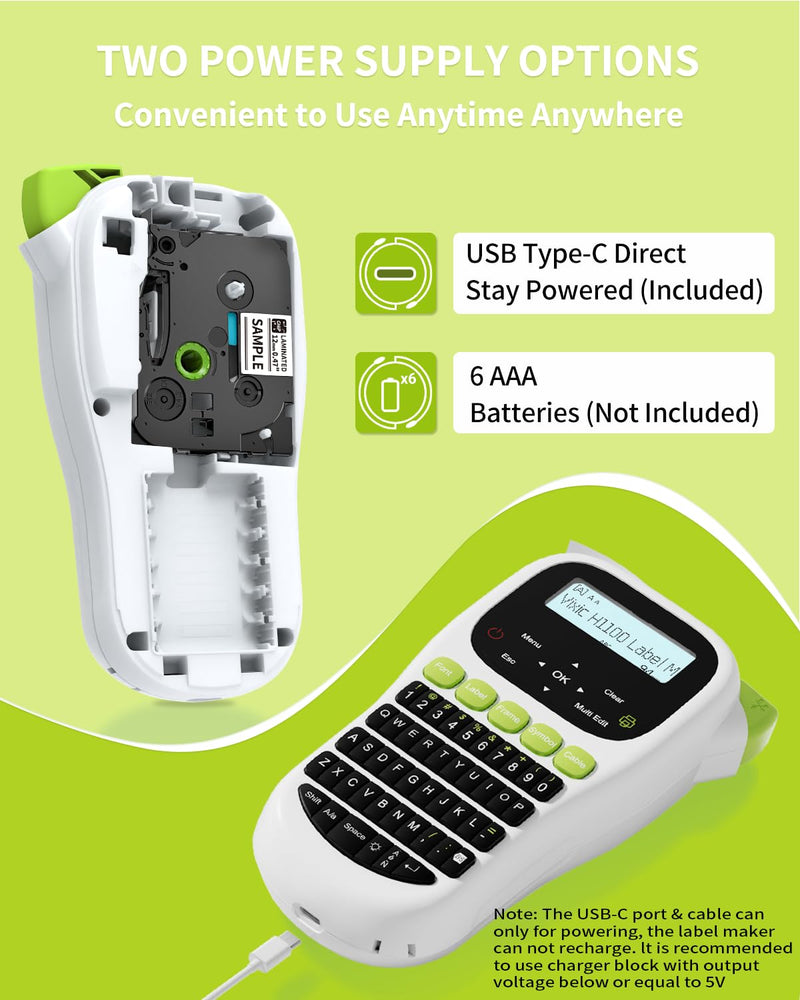 [AUSTRALIA] - Label Maker Machine with-Tape, H1100 Handheld Label Maker Portable Labeler with Backlight Screen Keyboard for Home School Office Organization, Multiple Fonts Symbols Borders Easy to Use Inkless Label Maker with 1 Tape Green 