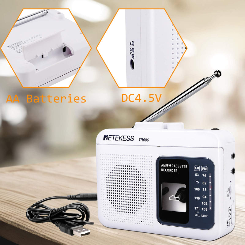 Retekess TR606 Portable Cassette Players Recorders, AM FM Radio Tape Player, Powered by DC or AA Battery with Recorder and AUX Input (White)