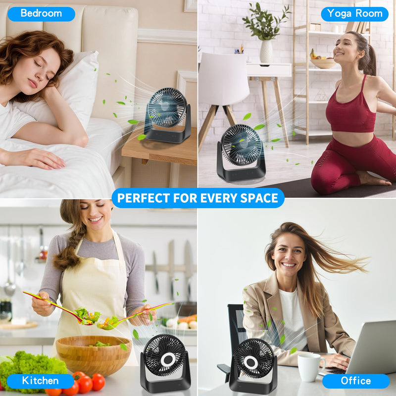 5000mAh Small Desk Fan 6-Inch, Portable Desktop Fan with Intelligent temperature control function,Small Battery Operated USB Fan with Light & Hook for Bedroom, Home, Office, Travel & Cruise M BK