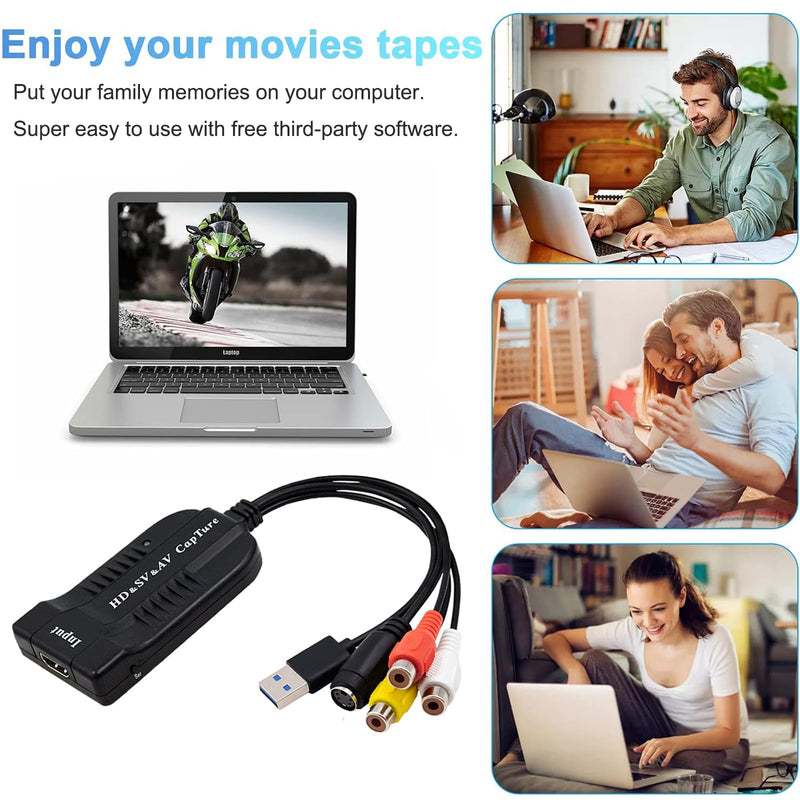 USB Video Capture Card HDMI/AV/RCA/S-Video to USB2.0 Audio Video Capture Device 1080P30fsp Hi8, VCR, VHS to Digital Converter for Camcorder DVD PS4 Live Streaming Compatible with Mac Windows