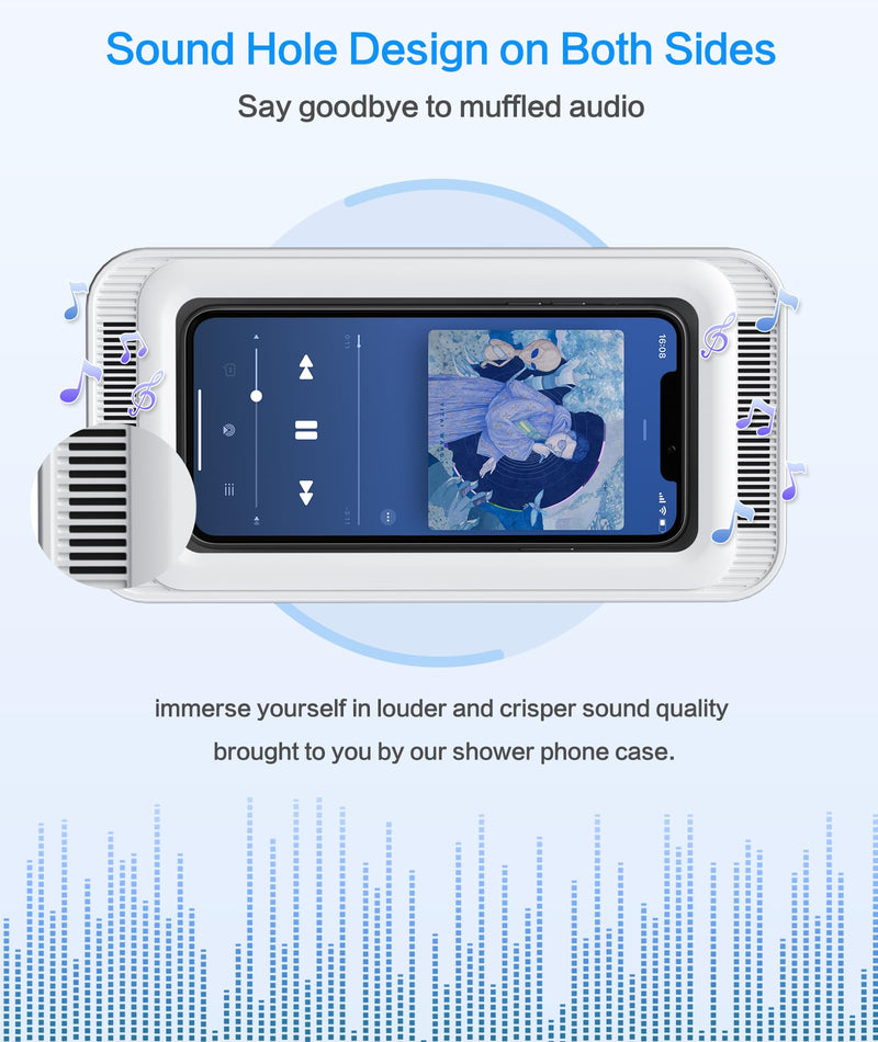 Waterproof Shower Phone Holder with 480° Rotation and Angle Adjustable, Enhanced Sound Quality, Fits Phones up to 7 Inches（White） White