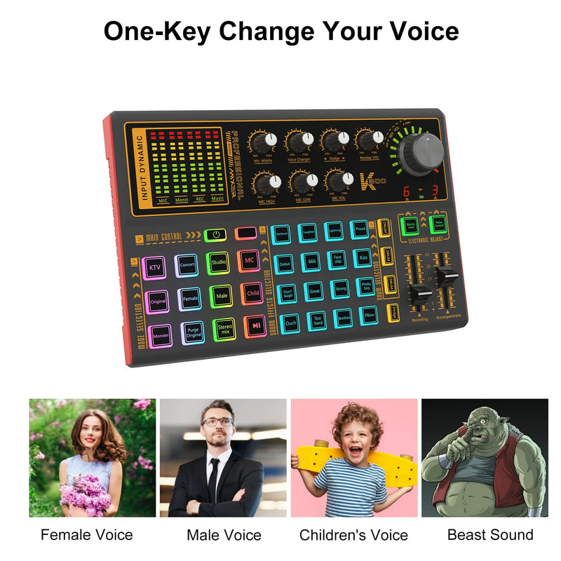 Docooler Professional Audio Mixer, K300 Live Sound Card and Audio with Multiple DJ Mixer Effects, 4 Voice Changes Live Sound Card with Cool 7 LED Light, Prefect for Podcasting/Gaming/Recording/PC