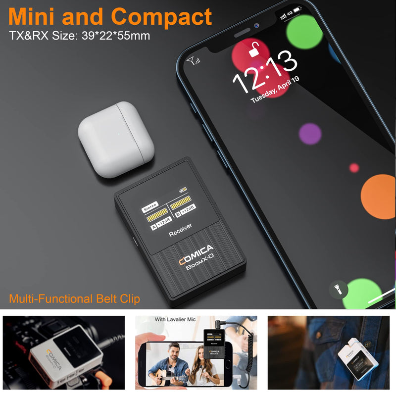 COMICA BoomX-D1 - Wireless Microphone System for Cameras, Camcorders, Smartphones, Laptops, Compact Wireless Lavalier Lapel Microphone with Noise Reduction, Low Latency, Monitoring, Muting Black