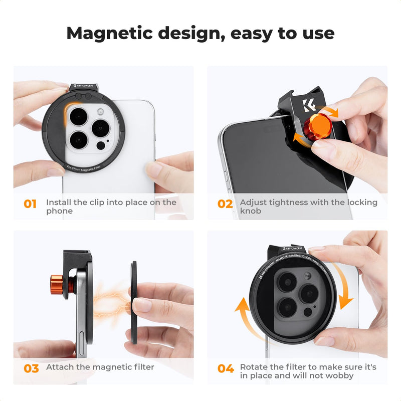 [AUSTRALIA] - K&F Concept Clip On 67mm CPL Magnetic Phone Lens Filter Kit, Phone Clip with Magnetic Adapter Ring/Cold Shoe/Locking Knob, Polarizer Filter for iPhone 16 15 Pro Max 14 13 