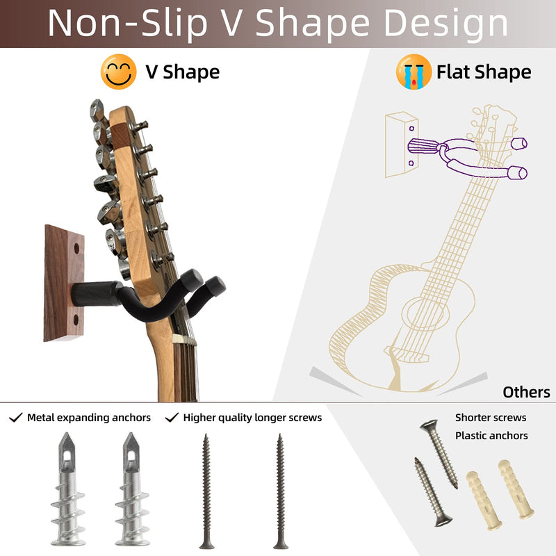 Guitar Wall Mounts 4 Pack, Hangers Hooks Bracket Holders for Acoustic and Electric Guitars, Bass Banjo Mandolin, Black Walnut Wood Base V4-Black