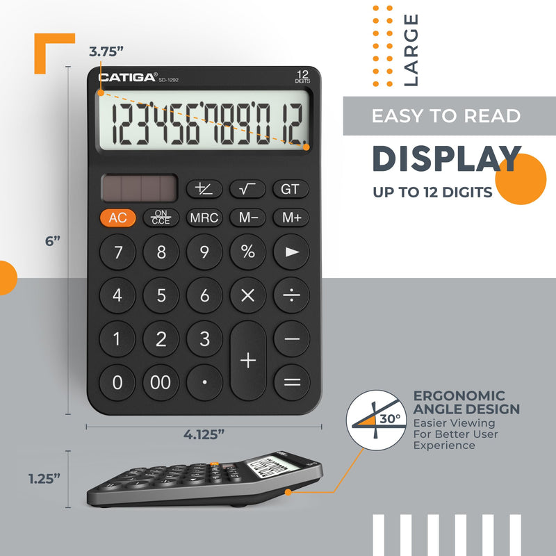 [AUSTRALIA] - CATIGA 12 Digit Desktop Calculator with Large LCD Display, 4 Funtions Calculator, Round Design Big Button, Solar and Battery Dual Power, Standard Function for Office, Home, School, SD-1292 1) Black 