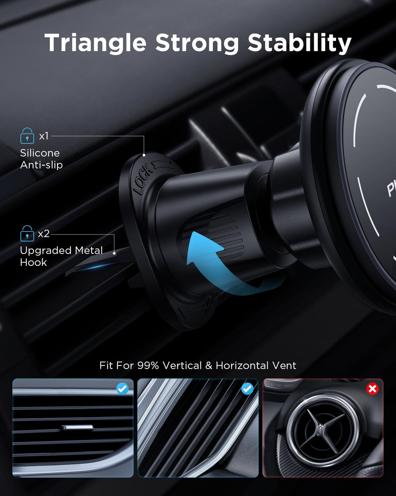 PISEN Mag-Safe Car Mount Charger - Qi2 15W Magnetic Car Phone Holder, 15W Wireless Qi2 Car Charger Mag-Safe Phone Holder, Car Vent Phone Mount Magnet Car Phone Holders for iPhone 16 15 14 13 12 Series