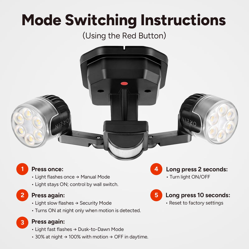 [AUSTRALIA] - OREiN Motion Sensor Outdoor Security Light, Adjustable Dual-Head LED Flood Light, 3 Modes(Motion/Manual/Dusk to Dawn), 150W Equivalent 5000K, IP65 Waterproof Exterior Lighting, Hardwired Black 2 Heads 