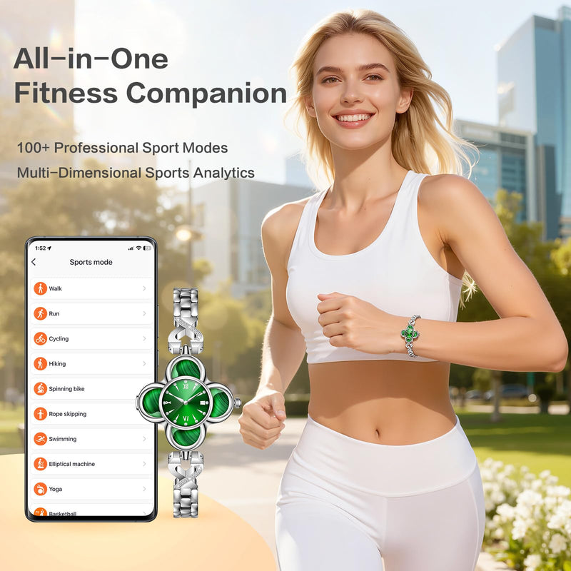 Green Lucky Clover Smart Bracelet with Quartz Clock - 24/7 Health Monitor Track Heart Rate Blood Oxygen Sleep Stress, Fitness Tracker IP68 Waterproof for Women Men, Compatible with Android iOS Phone