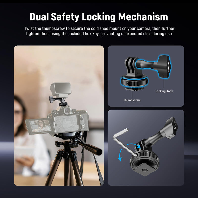 [AUSTRALIA] - NEEWER Action Camera Cold Shoe Mount Adapter Compatible with GoPro Accessories Go Pro DJI Insta360 AKASO, Metal 1/4" Thread Hot Shoe Mount for Mini Tripod Selfie Stick, 180° Tilt, GP-63 