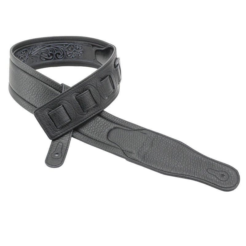 Walker & Williams GB-136 Handmade Brushed Black Padded Guitar Strap With Native American Feather Design For Acoustic, Electric, And Bass Guitars