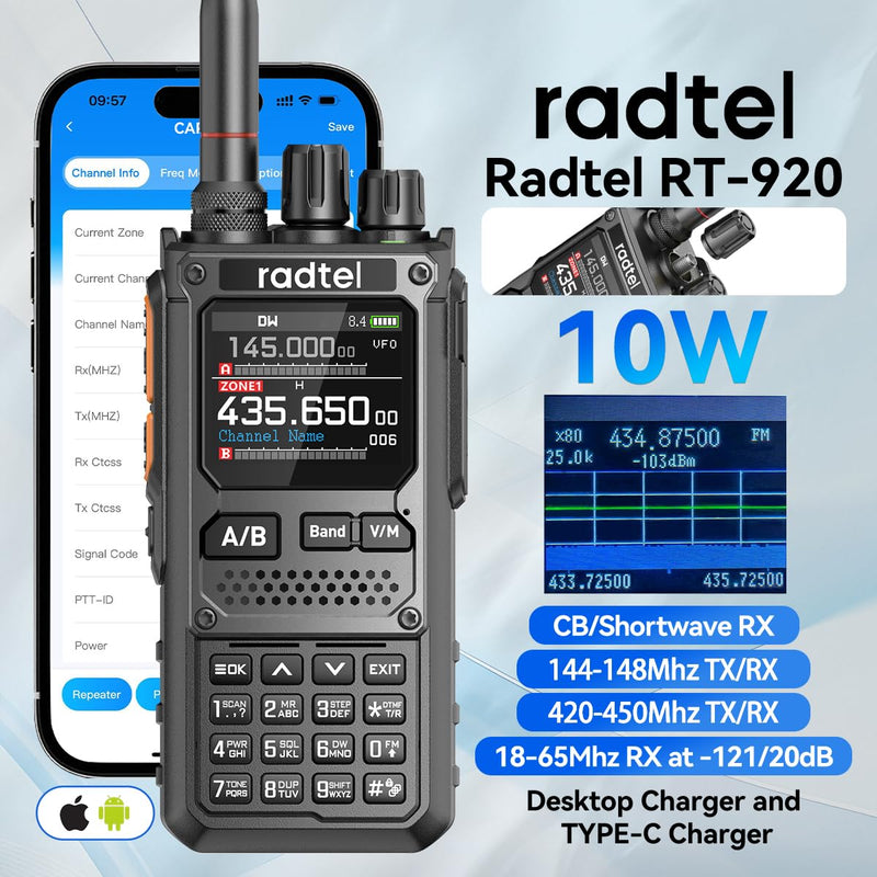 Radtel RT-920 Walkie Talkie Long Range 8W Two-Way Radio, SW MW LW CB 27MHz Receiver GMRS Radio Bluetooth Programmable, AM FM SSB, Noise Reduction, NOAA Weather Alert (with Programming Cable)