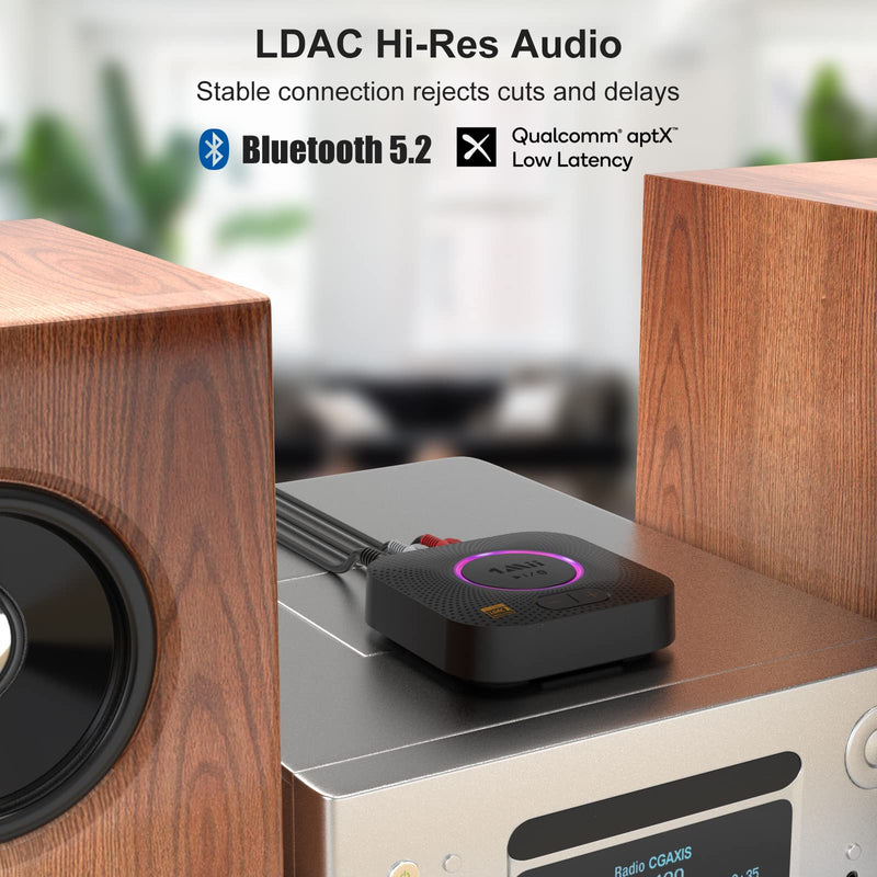 1Mii B06S+ Bluetooth 5.2 Receiver, HiFi Bluetooth Audio Adapter w/LDAC, aptx HD & aptx Low Latency, Long Range Hi-Res Audio with Volume Control, 3.5mm & RCA outputs, Easy Setup for Home Stereo System B06S+