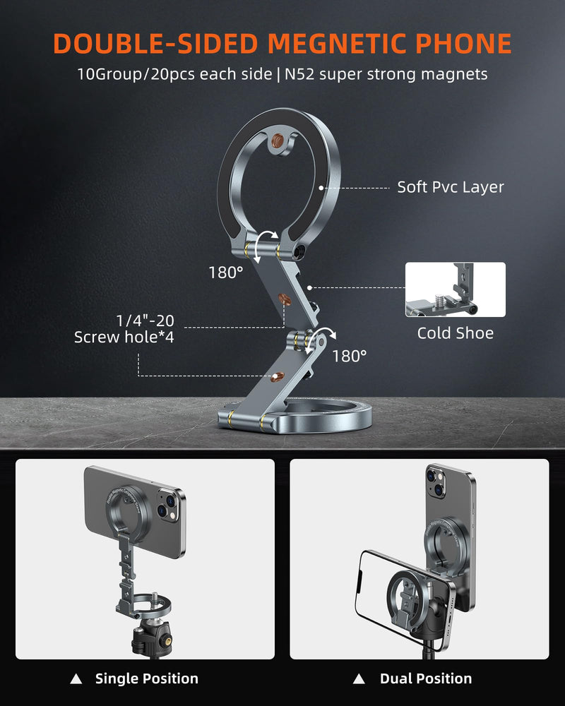 Dual Magnetic Phone Holder Compatiable with iPhone 16 15 14 13 12 Pro Max Plus Series & MagSafe Cases, MG-02 Plus 1/4"-20 Phone Tripod Mount, Gym Magnetic Phone Stand Travel