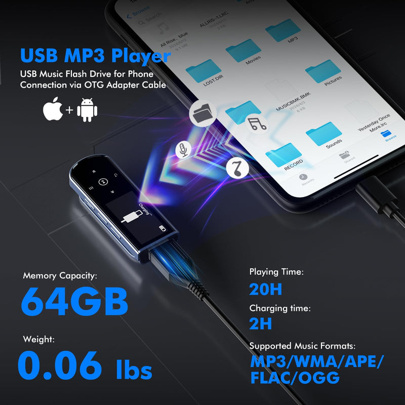 RUIZU 64GB USB MP3 Player with Bluetooth 5.3, Clip Jam Portable Music Player for Sports Running, USB MP3 Player Stick with FM Radio, Voice Recorder, Digital Audio Shuffle Repeat, Phone File Transfer Blue