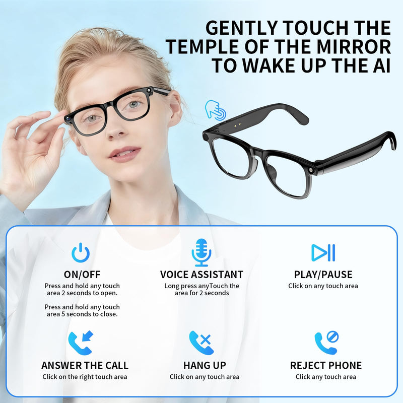 AI Translation Smart Glasses with Built-in AI Assistant & 800W Camera, ENC Noise Cancelling, USB-C Fast Charge for International Travel and Business Meetings Black