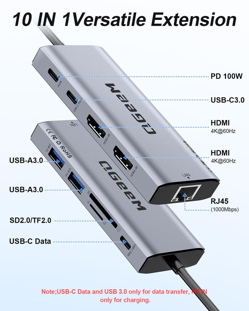 QGeeM USB C Docking Station Bundle, 10 in 1 Multiport Laptop Dock & USB C to 4K HDMI Adapter, Thunderbolt 3/4 Combo Kit with Dual HDMI, PD 100W, Ethernet, Card Reader for MacBook, Dell XPS, Surface