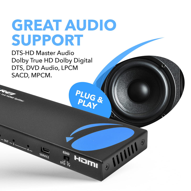 [AUSTRALIA] - OREI 4K 1x4 HDMI Splitter, - 1 Port to 4 HDMI Display Duplicate/Mirror - Powered Splitter Ver 1.4 Certified for Full HD 1080P High Resolution & 3D Support (One Input To Four Outputs) - (HD-104) 