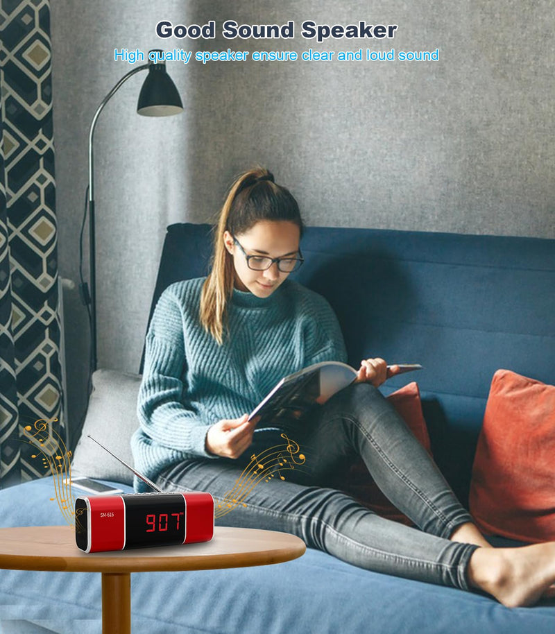 SEMIER Small Digital FM Radio with Bluetooth Speaker, Portable Rechargeable USB/SD Card MP3 Player Radio with Wireless Speaker and Headphone Jack for for Home/Outdoor Red