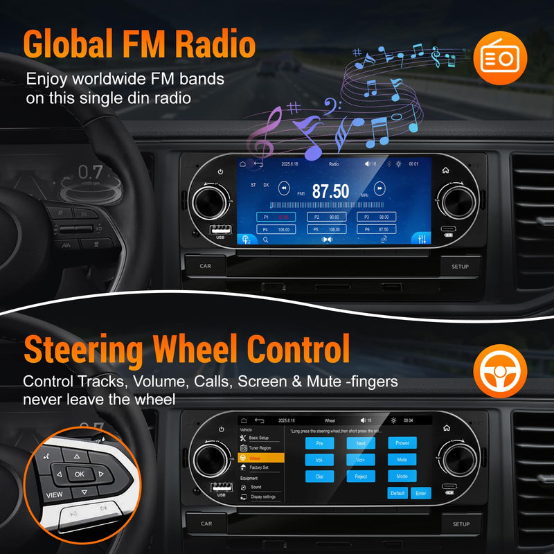 Single Din Car Radio with Apple CarPlay, Backup Camera，External Mic,Single Din Touchscreen Radio Supports Android Auto, Bluetooth, Dual Physical Knobs,SWC, EQ, FM Radio (Black) Black