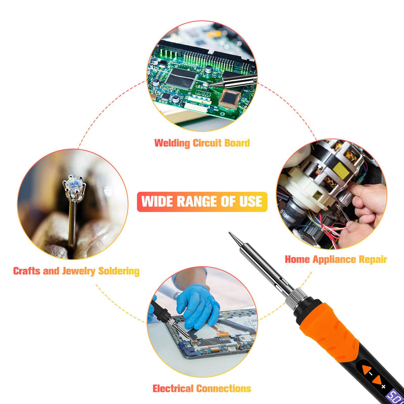 [AUSTRALIA] - Soldering Iron, 90W Soldering Kit, LCD 12-in-1 Soldering Tool, Adjustable Temperature 200-500°C, with 5 x Replaceable Soldering Iron Tips, Desoldering Wire, Lead-Free Soldering Wire, Desoldering Pump, Orange Colour. 