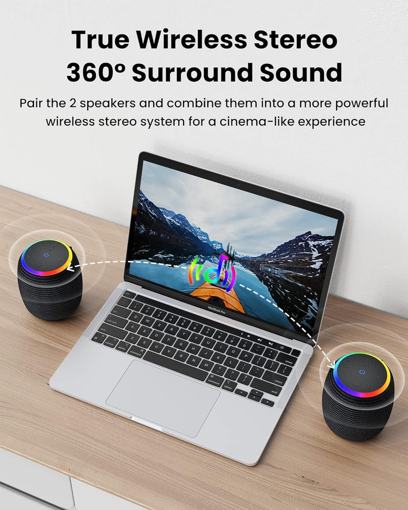 Bluetooth Speakers,Portable Wireless Speaker with 15W Stereo Sound, IPX6 Waterproof Speaker with LED Light, Bluetooth TWS, Portable Speaker for Shower Outdoor Party Beach Camping 1PCS-Black