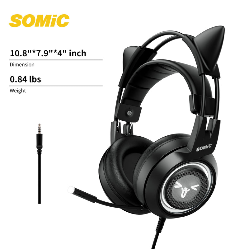 [AUSTRALIA] - SOMIC Stereo Gaming Headset with Mic for PS4, PS5, Xbox One, PC, Mobile Phone, 3.5MM Sound Detachable Cat Ear Headphones Lightweight Self-Adjusting Over Ear Office Headphones G951S Black 