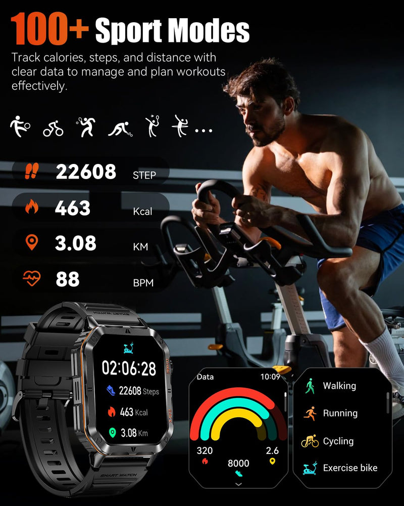 Military Smart Watch for Men, 2.01" Screen Watch with 1200mAh Battery | Bluetooth Calling, Built-in Flashlight, 5ATM Waterproof, and 110+ Sports Modes Compatible with Android and iPhone Black-WL-H01