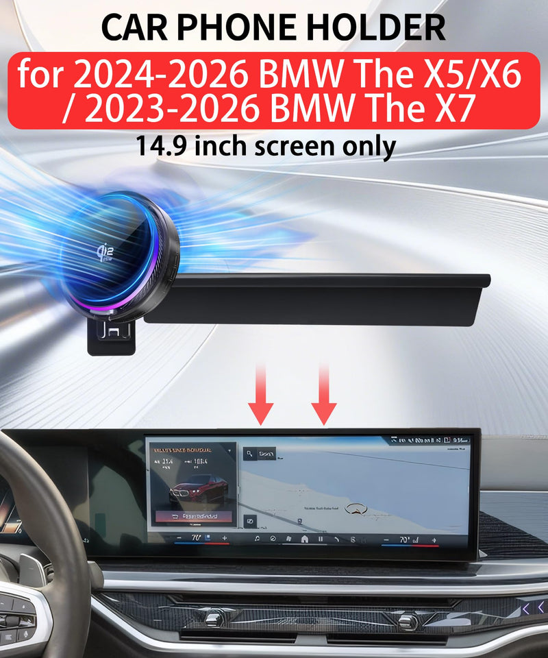 25W Car Mount Charger for BMW X5/X6 2024-2026/X7 2023-2026 14.9-in | 2024-2026 BMW X5/X6/ 2023-2026 X7 Qi2.2 25W MagSafe Fast Charging Cell Phone Holder, with Cooling Fan＆54W Fast Adapter Magsafe+Qi2 25W Fast Charging