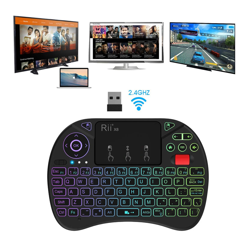 Mini Keyboard,Rii X8 Portable 2.4GHz Mini Wireless Keyboard Controller with Touchpad Mouse Combo,8 Colors RGB Backlit,Rechargeable Li-ion Battery for Google Android TV Box, PS3, PC, Pad,Nvidia Shield