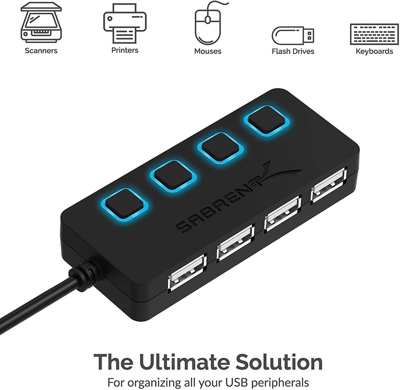 SABRENT 4-Port USB 2.0 Data Hub, LED Power Switches (HB-UMLS) | Individual LED-lit power switches; data only (charging not supported); for Mac & PC USB-A 4-Port