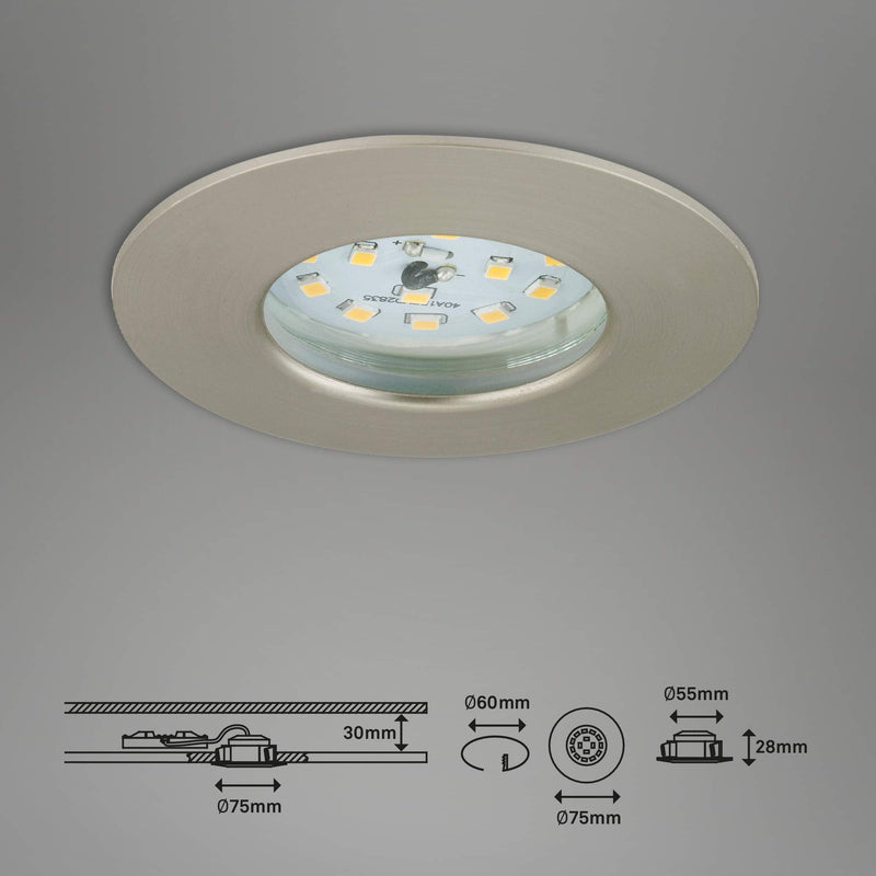 [AUSTRALIA] - Briloner LED, Small mounting Depth, 230V, Set of 3, Ceiling Light, Downlight, Bathroom recessed lamp, Integrated, 5 W, Satin Nickel Matt-nickel 